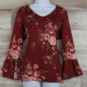 Como Vintage* Women's Long Bell Sleeve V-Neck Curved Hem Pullover Blouse~ XXL‎